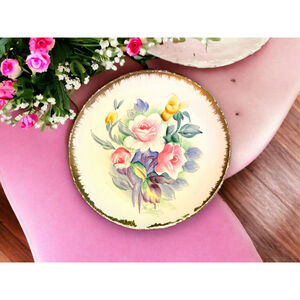 Gold Rimmed Cottagecore Plate Handpainted Rare Vintage Floral Pink & Yellow Gift
